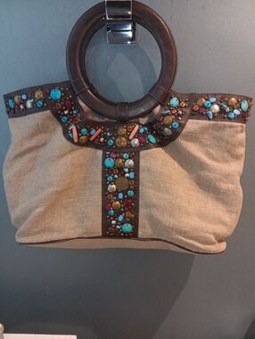 Chico's Embellished Linen & Leather Tote - Turquoise & Brass Boho Statement Bag